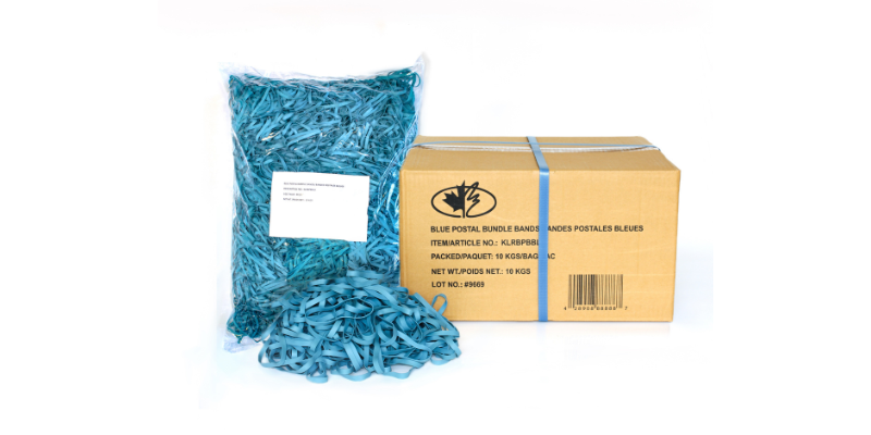 Bulk blue postal rubber bands packaged in cartons for mailroom and shipping operations