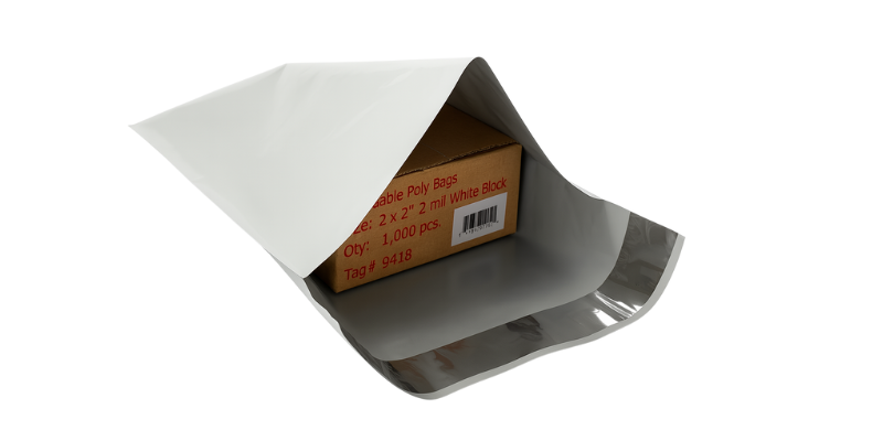 White poly mailer shipping bag with self-seal adhesive, used for e-commerce and wholesale B2B shipping