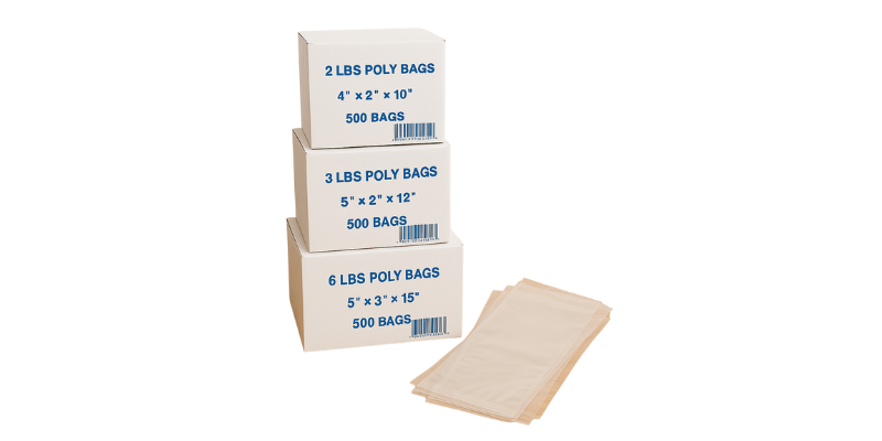 Stacked cartons of 3 lb and 6 lb portion poly bags for wholesale food distributors