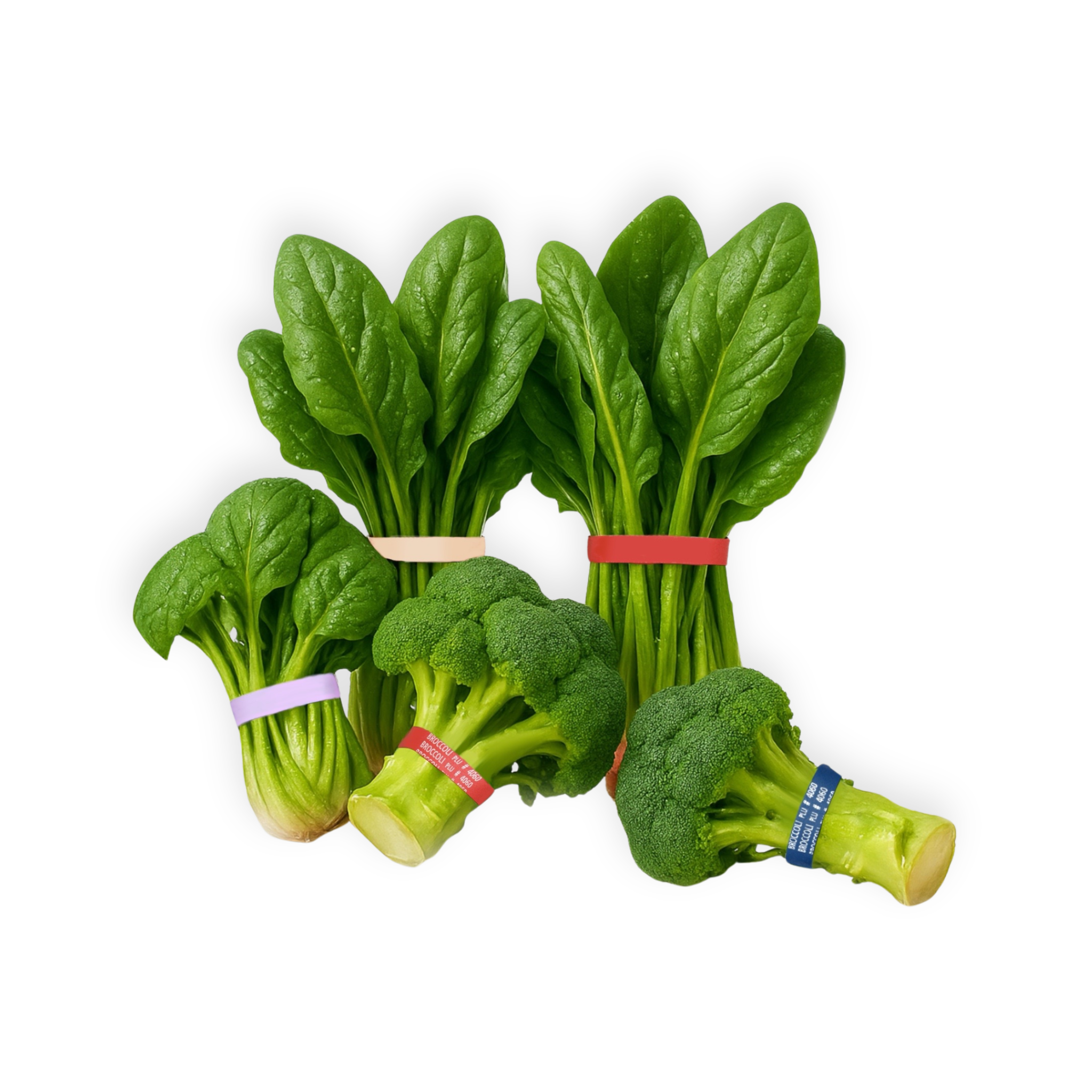 Fresh broccoli and leafy greens bundled with produce rubber bands for food packaging