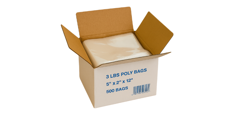 Open carton of 3 lb portion poly bags, 5 x 2 x 12 inches, for wholesale food packaging
