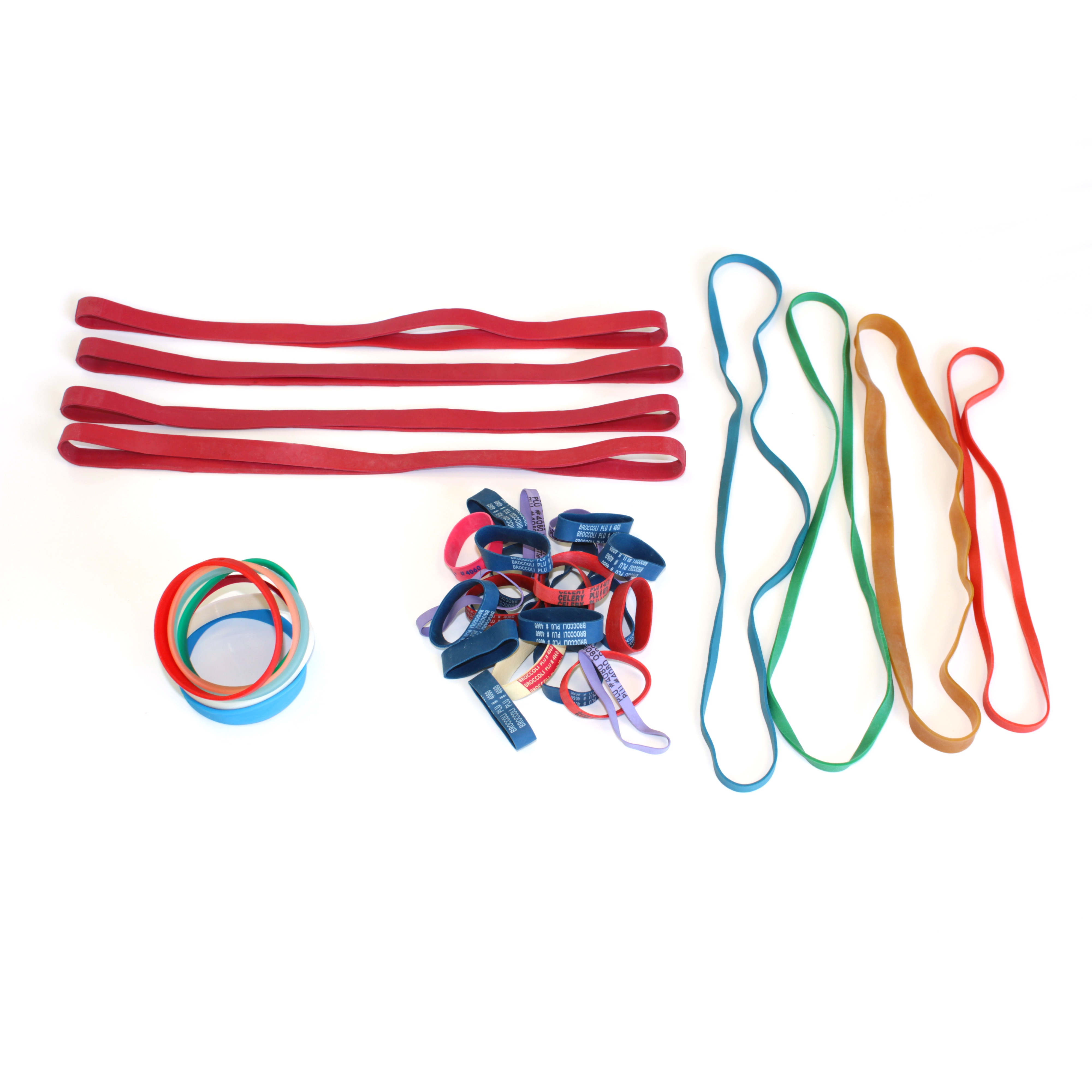 Assorted custom rubber bands in red, blue, green, and brown, designed for produce bundling and B2B packaging supply.