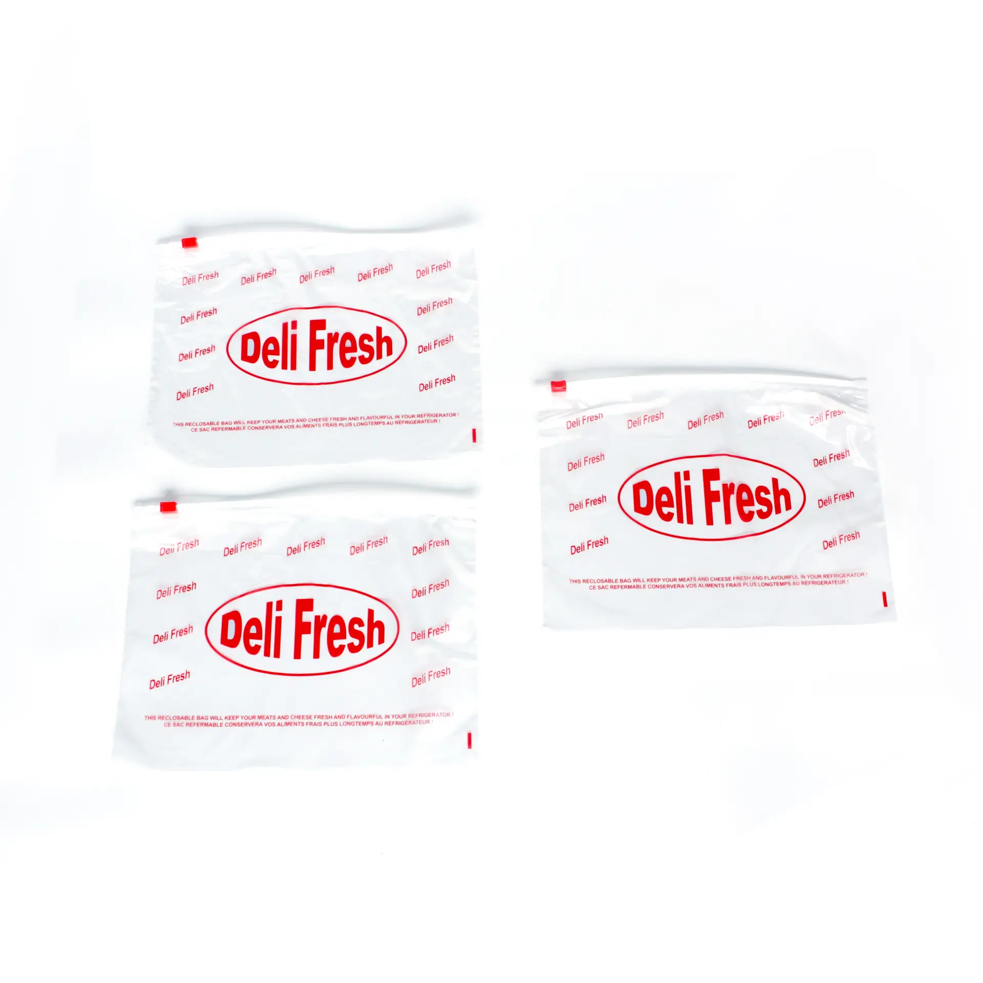 Clear printed deli bags with red “Deli Fresh” branding, food-safe poly bags for wholesale deli and foodservice packaging.