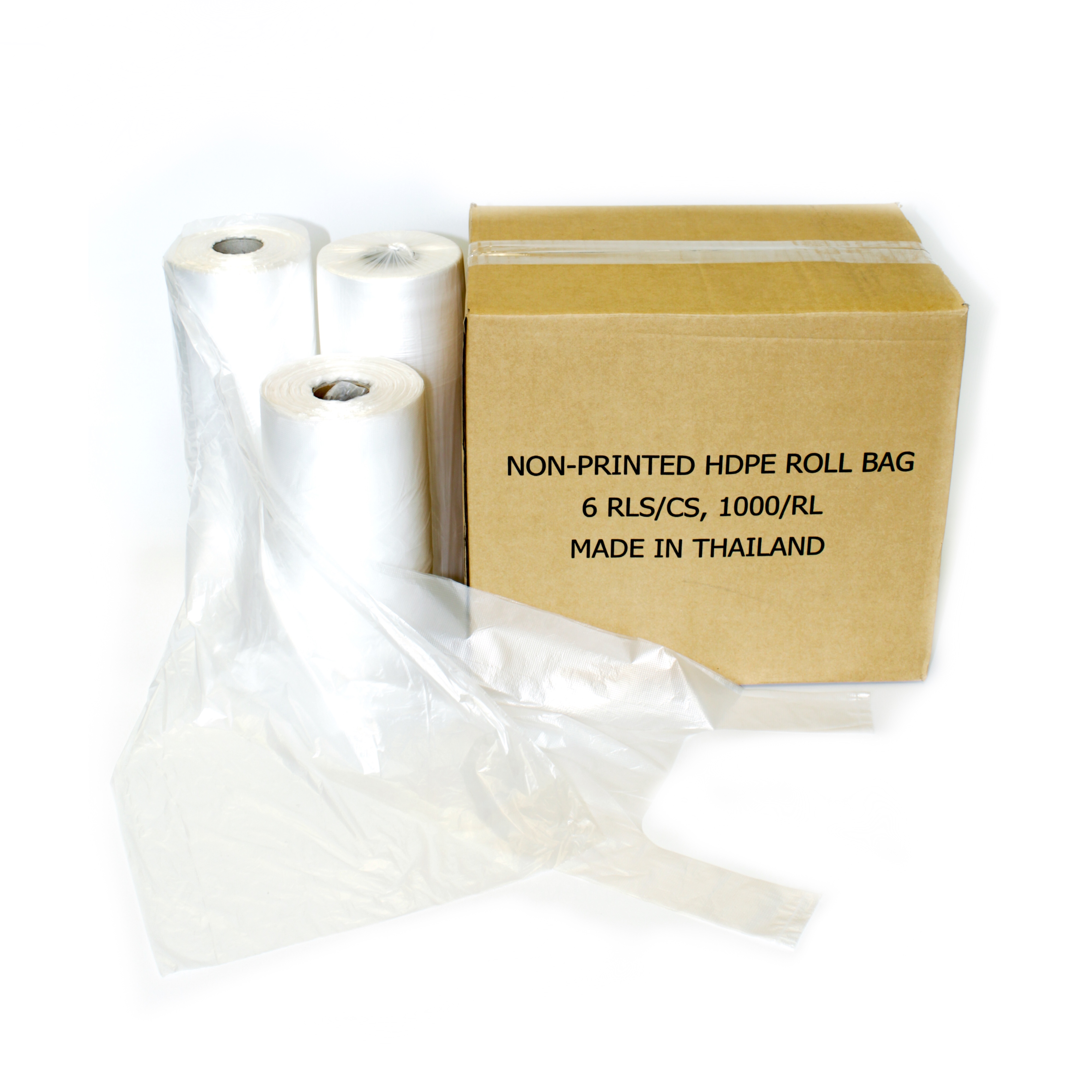 Clear HDPE produce bags on rolls with cardboard case, bulk packaging supply for grocery and food distributors in North America.