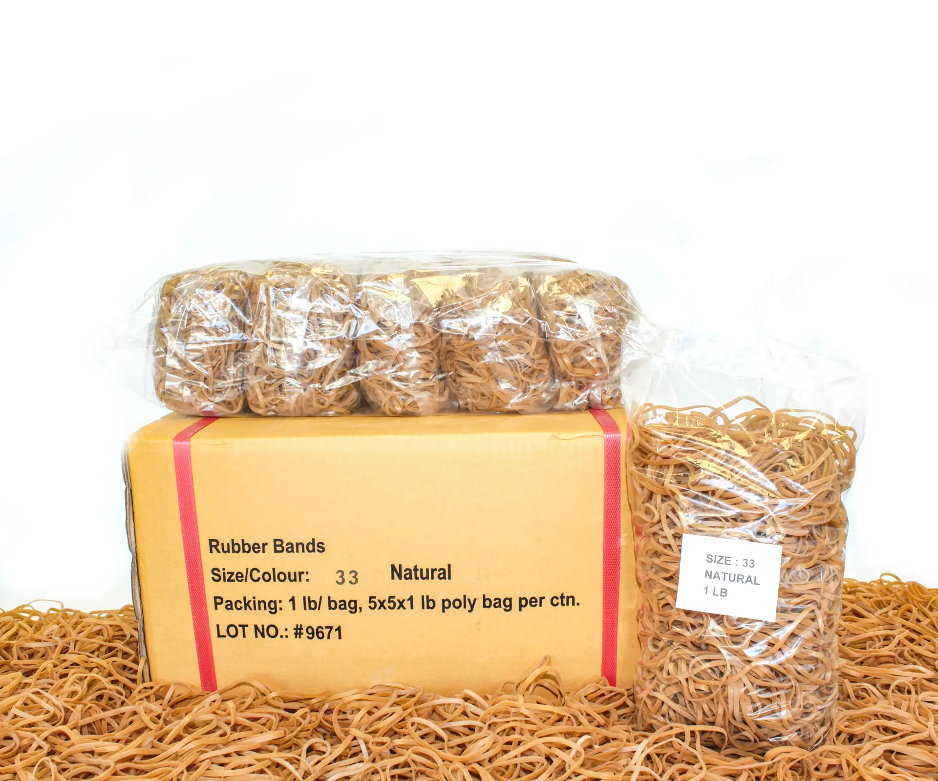 Carton of standard natural rubber bands for bulk B2B packaging supply, serving distributors across Canada.