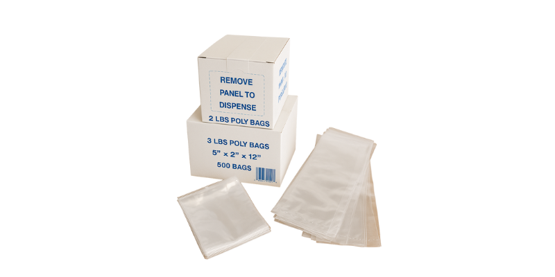 Dispenser cartons of pound and portion poly bags designed for efficient food service handling
