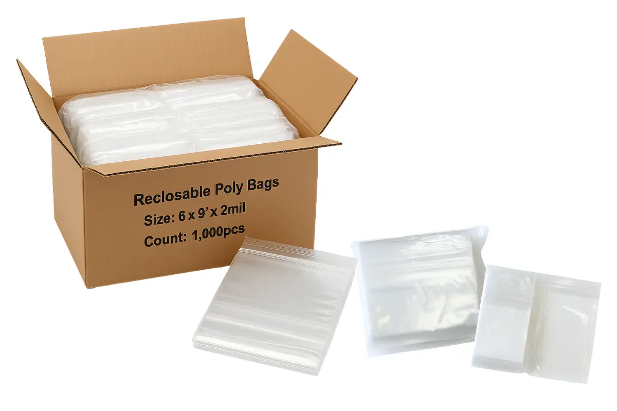 Open box of 6x9 reclosable poly bags with clear packs displayed, bulk packaging supply for B2B distributors and warehouses.