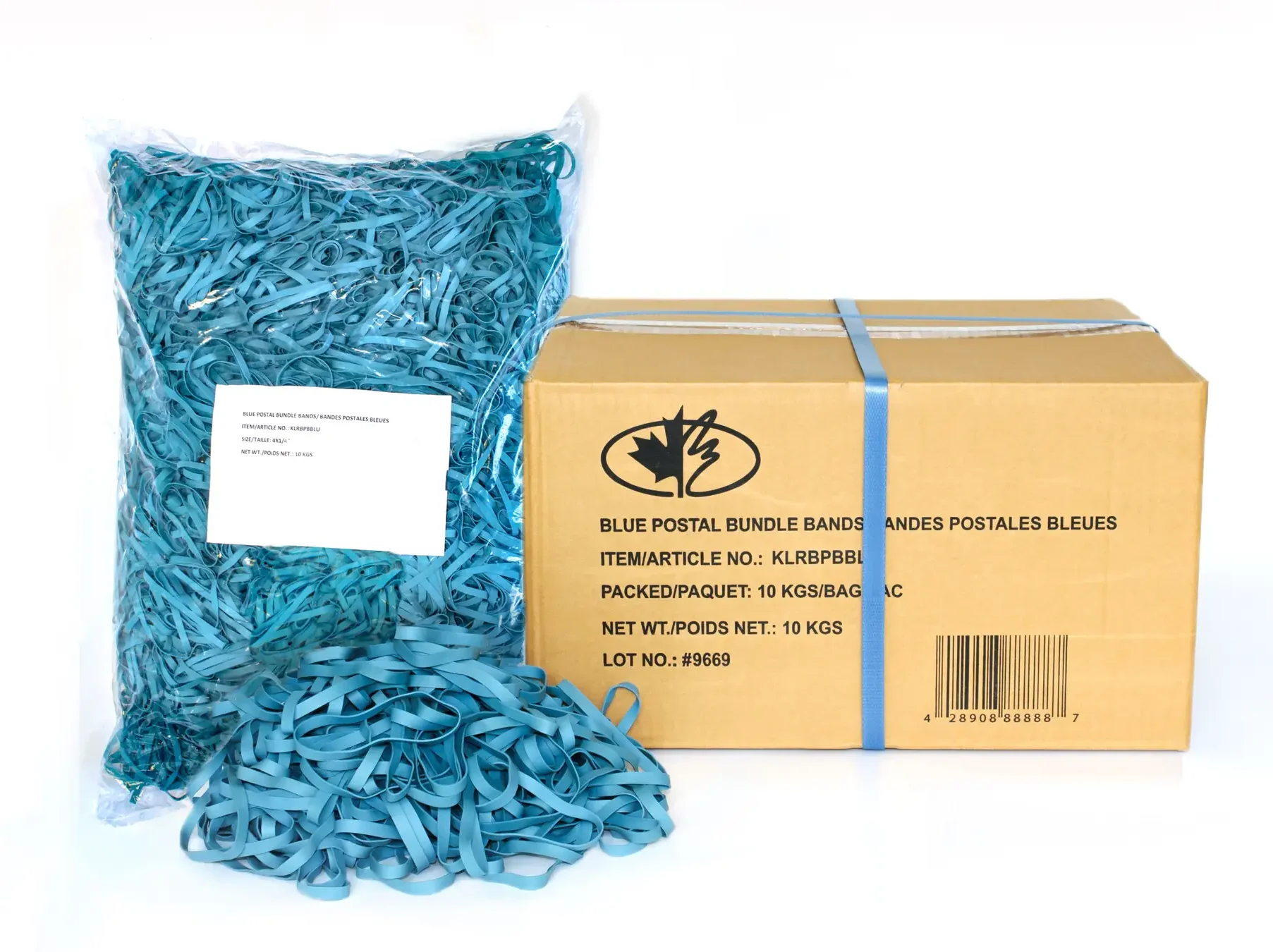 Bulk blue postal rubber bands packaged in cartons for mailroom and shipping operations