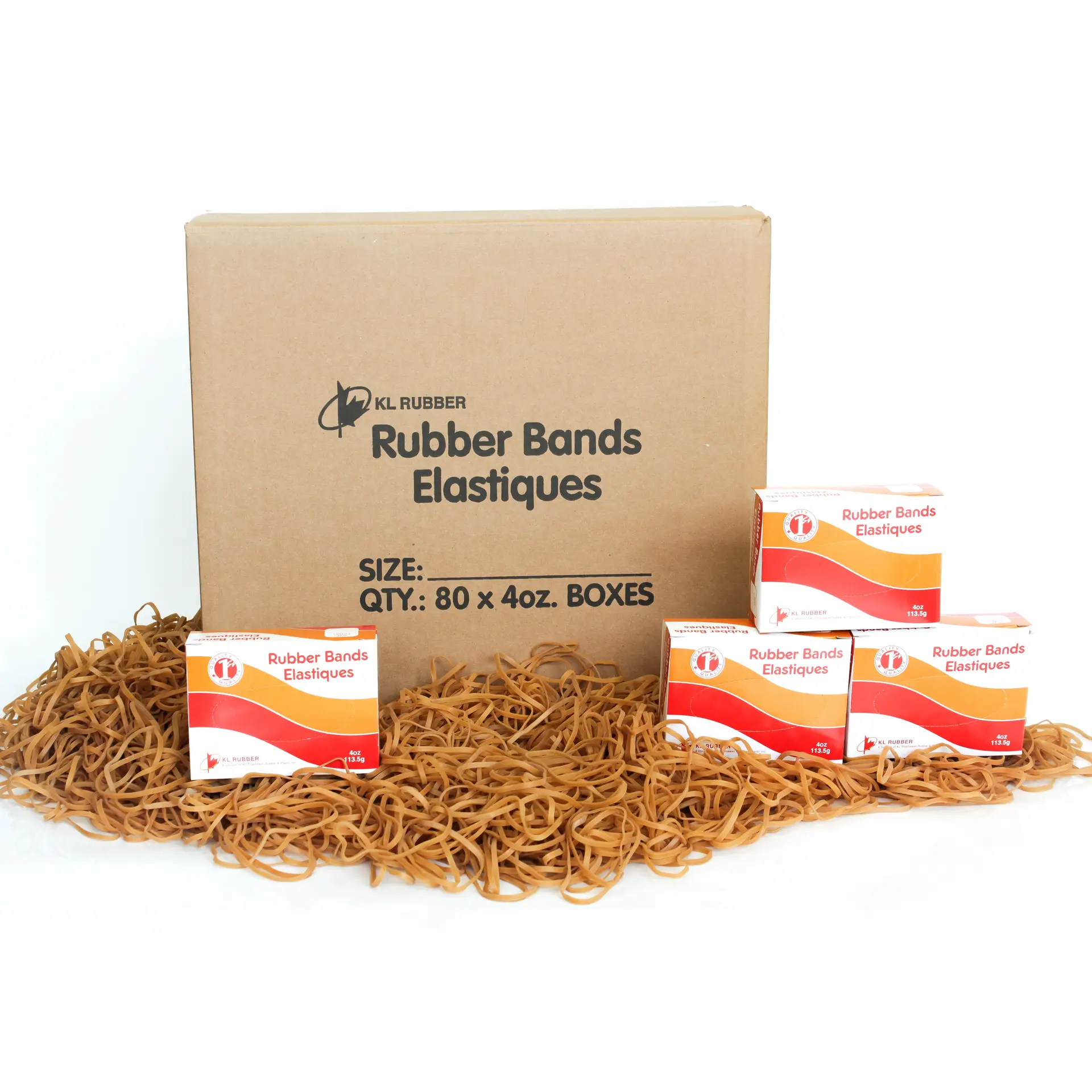 Carton and retail boxes of stationery rubber bands with loose bands, highlighting KL Rubber’s bulk B2B office supply solutions.