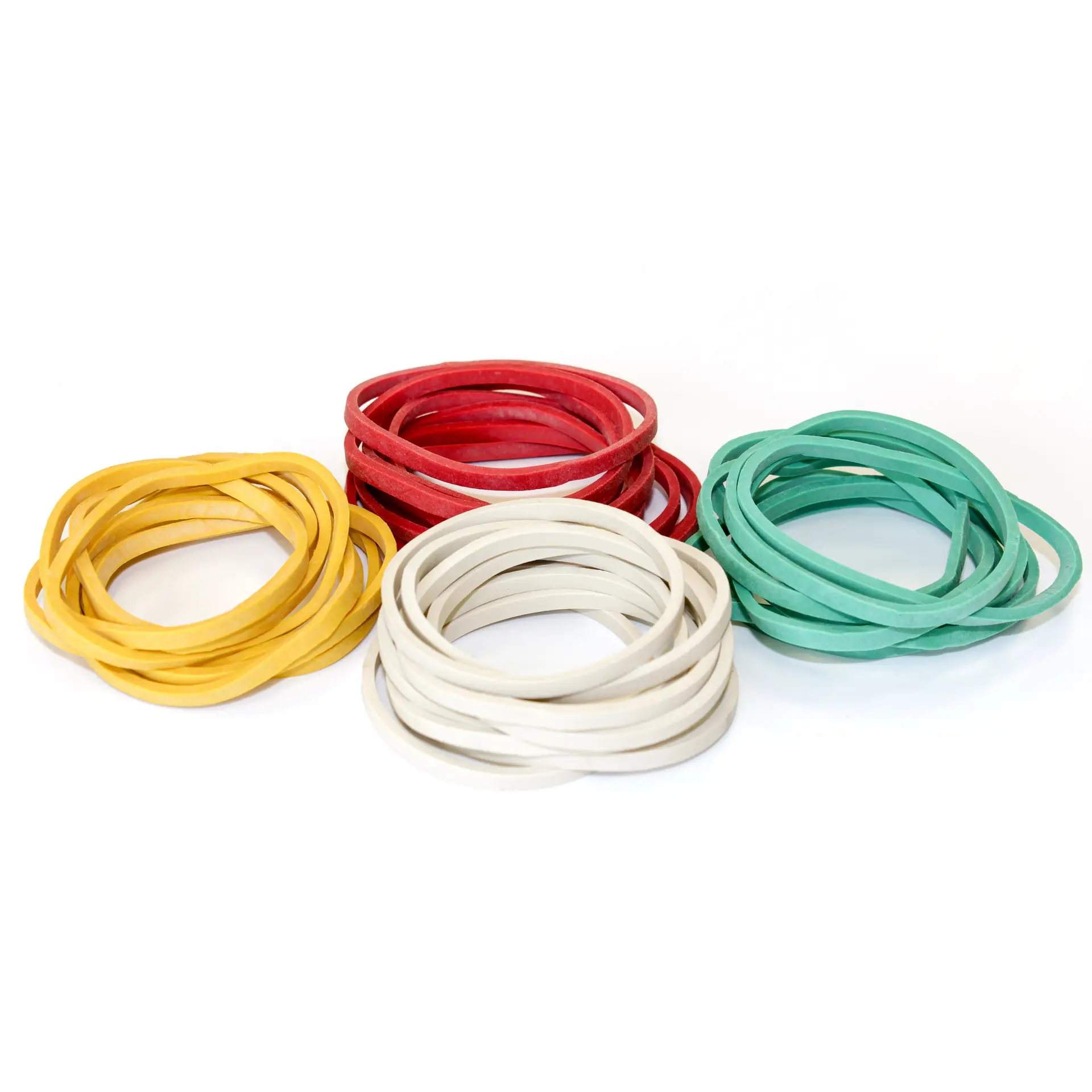 Colorful UV-resistant cauliflower rubber bands in yellow, red, white, and green, designed for B2B fresh produce packaging supply.