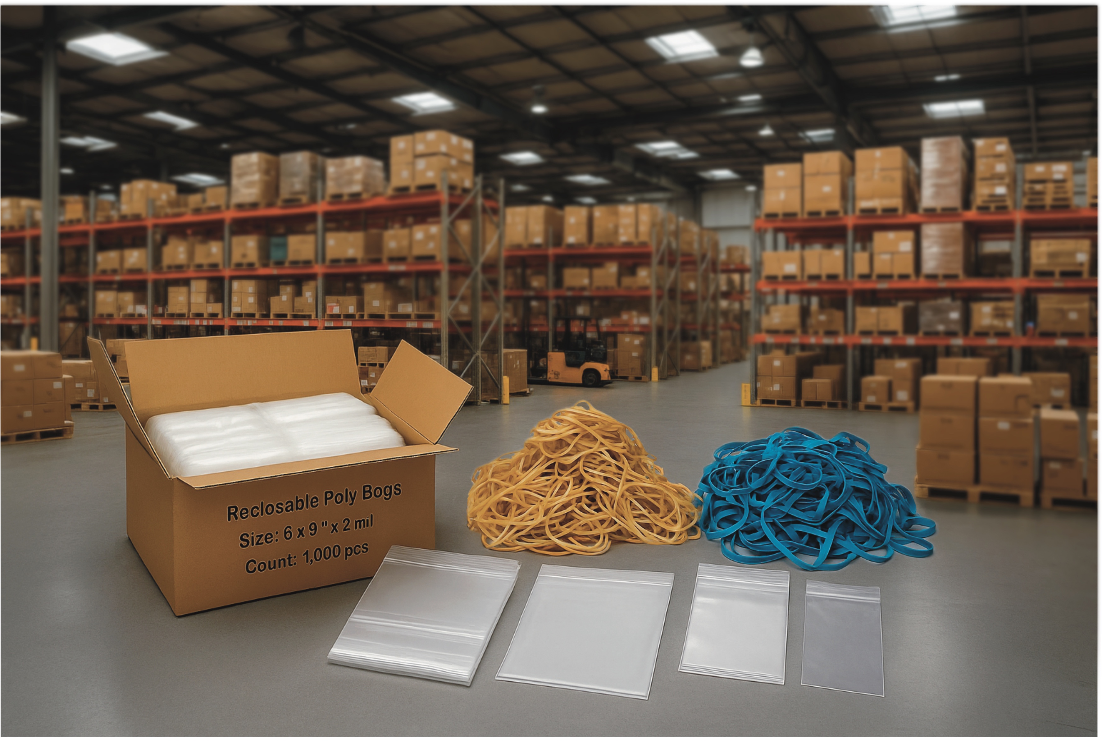 Forklift in packaging warehouse handling bulk cartons of rubber bands and reclosable bags