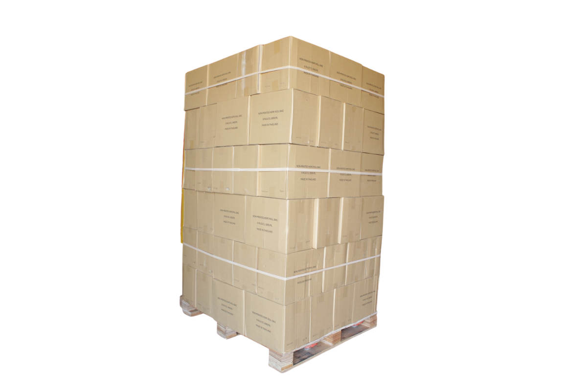 Pallet loads secured with reusable rubber bands for shipping and logistics