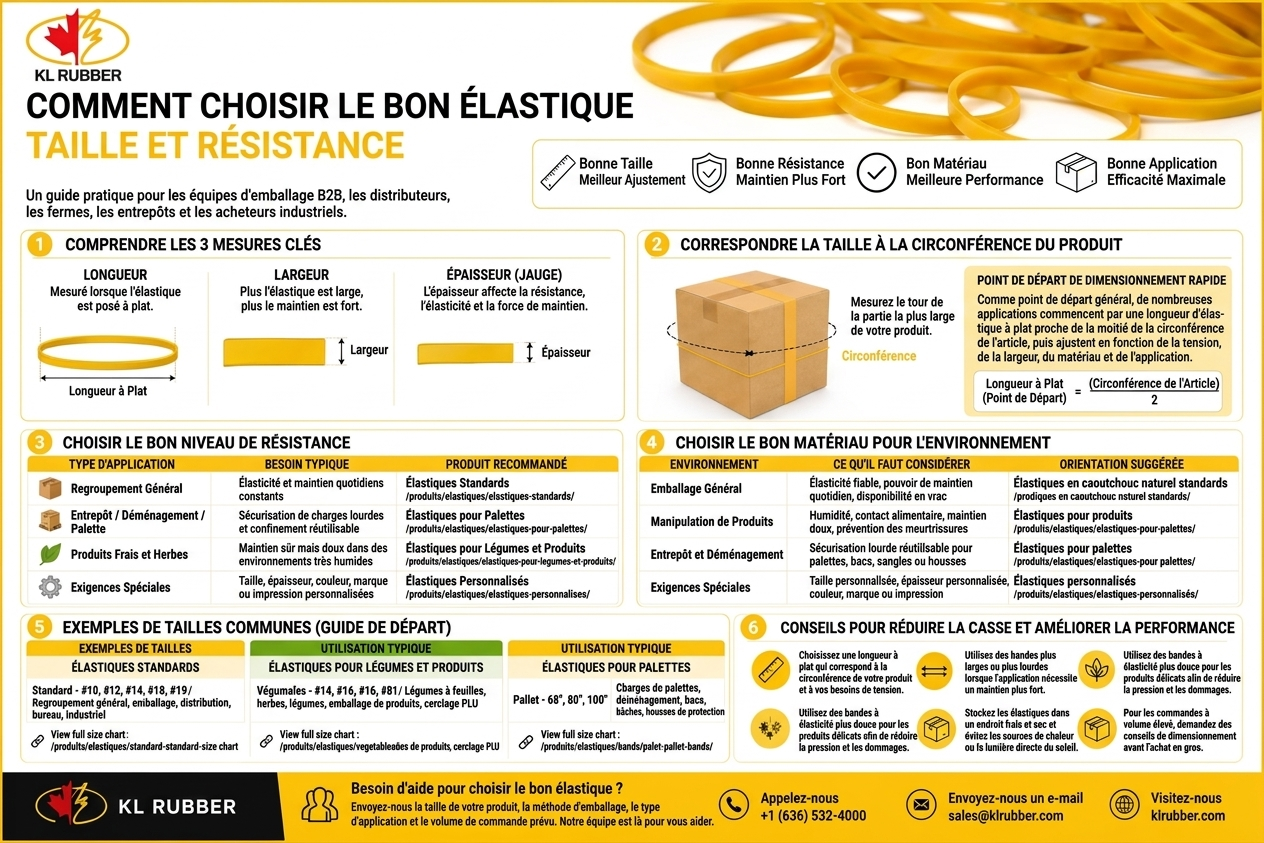 Enlarged KL Rubber rubber band size and strength selection guide infographic