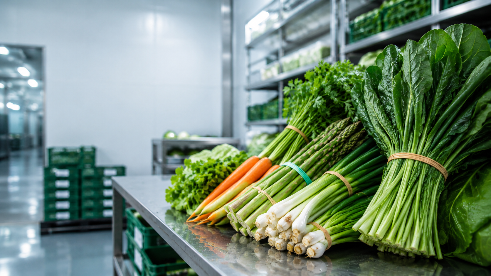 Fresh produce bundled with natural rubber bands in a cold storage packing environment